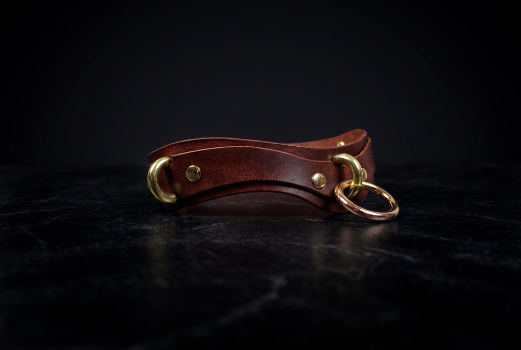 A brown leather collar with gold-colored buckles and a ring is displayed on a black surface.