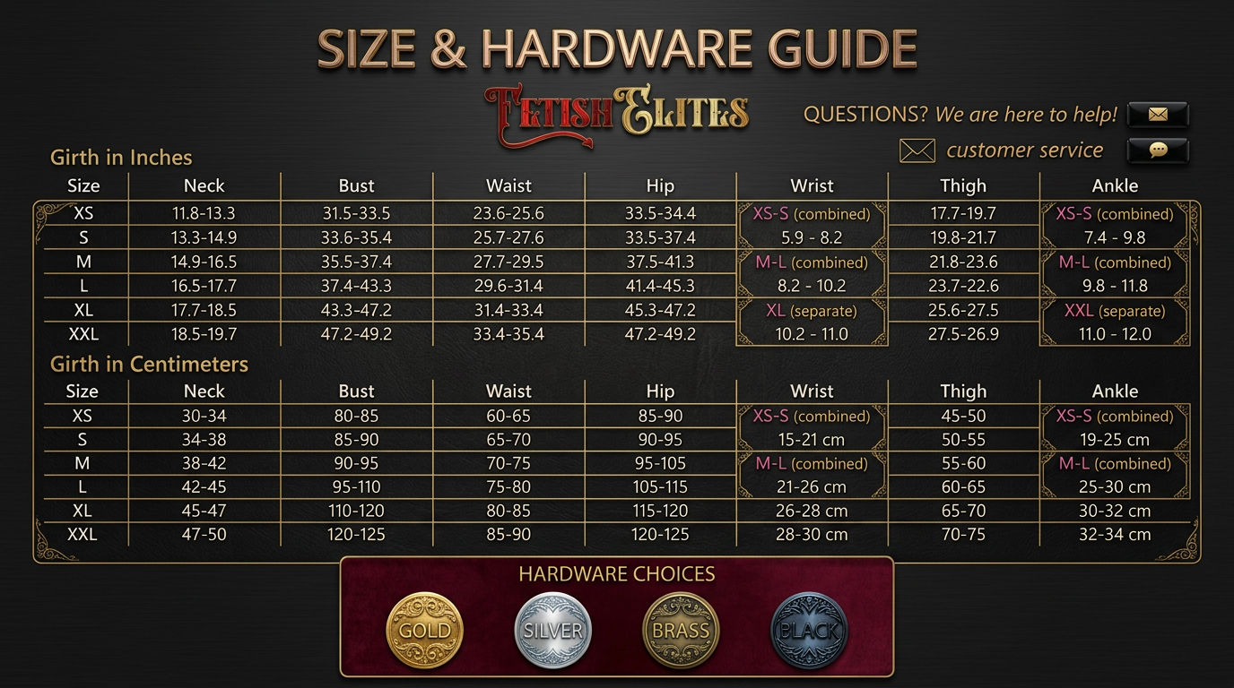 The image is a size and hardware guide for a product, likely a clothing item or accessory, with various measurements and corresponding sizes listed.