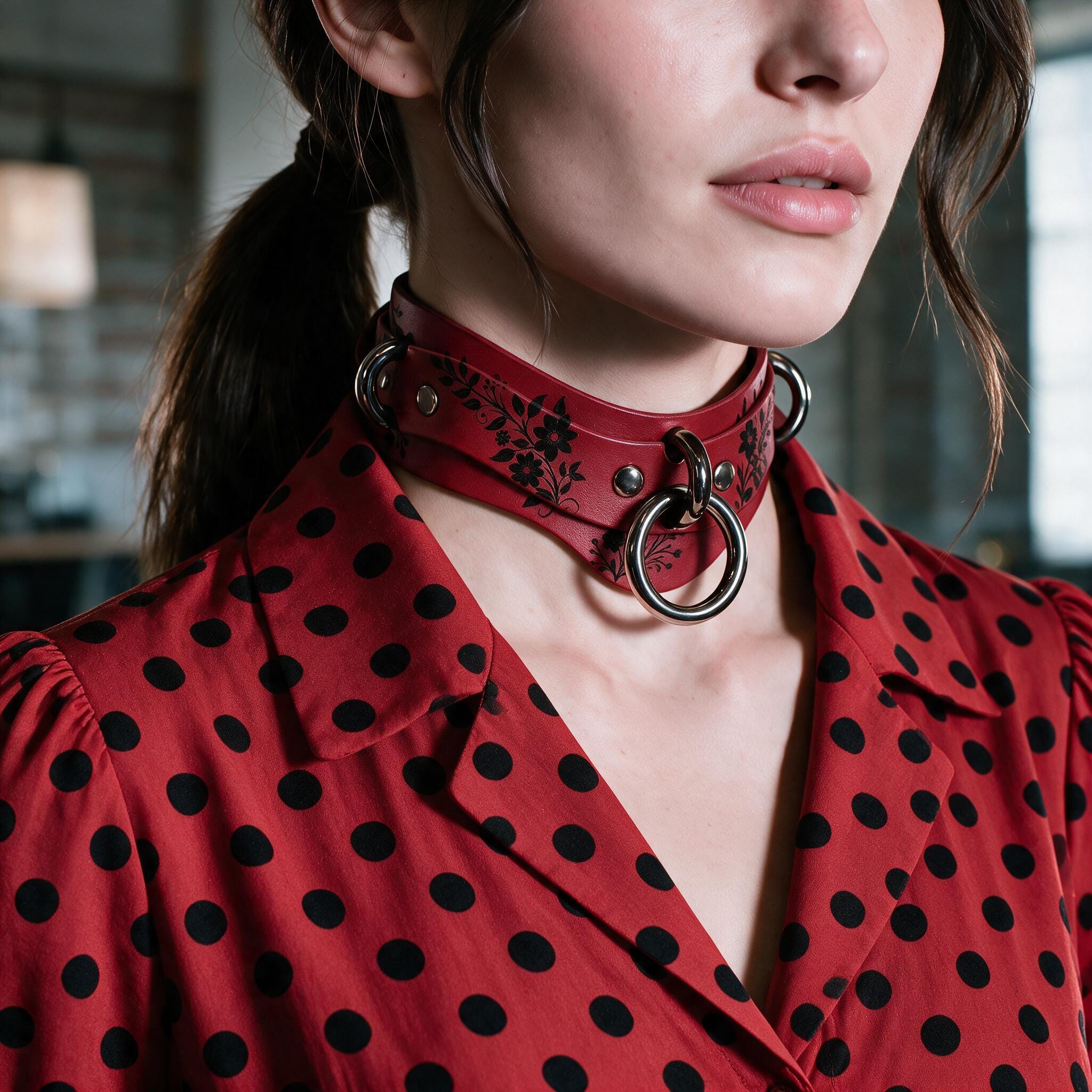 A close-up of a woman wearing a red dress with black polka dots and a choker necklace with metal rings.
