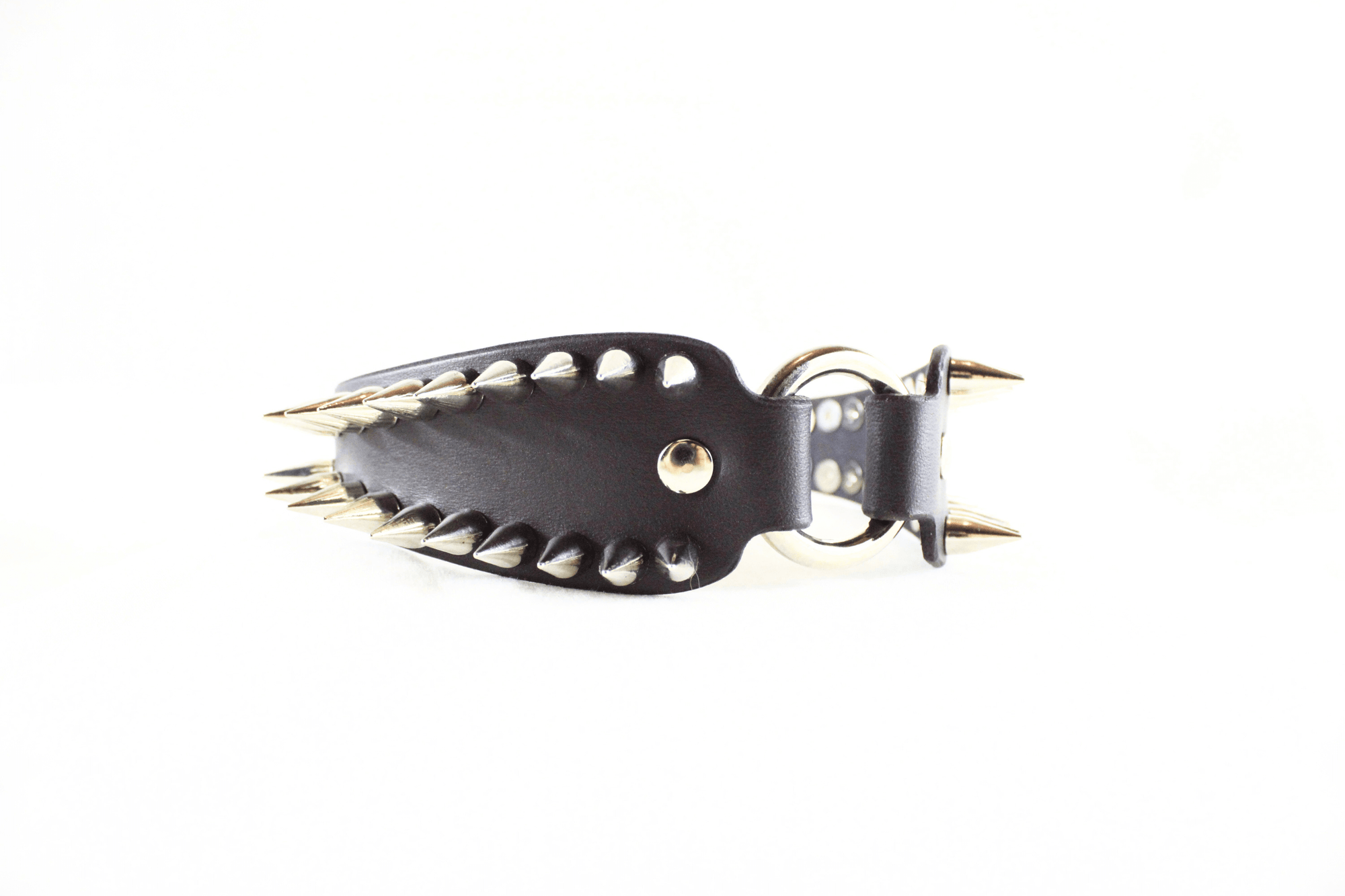 Spiked Submissive Collar – Gothic BDSM choker featuring sharp metal spikes and polished D-rings for bold fashion.