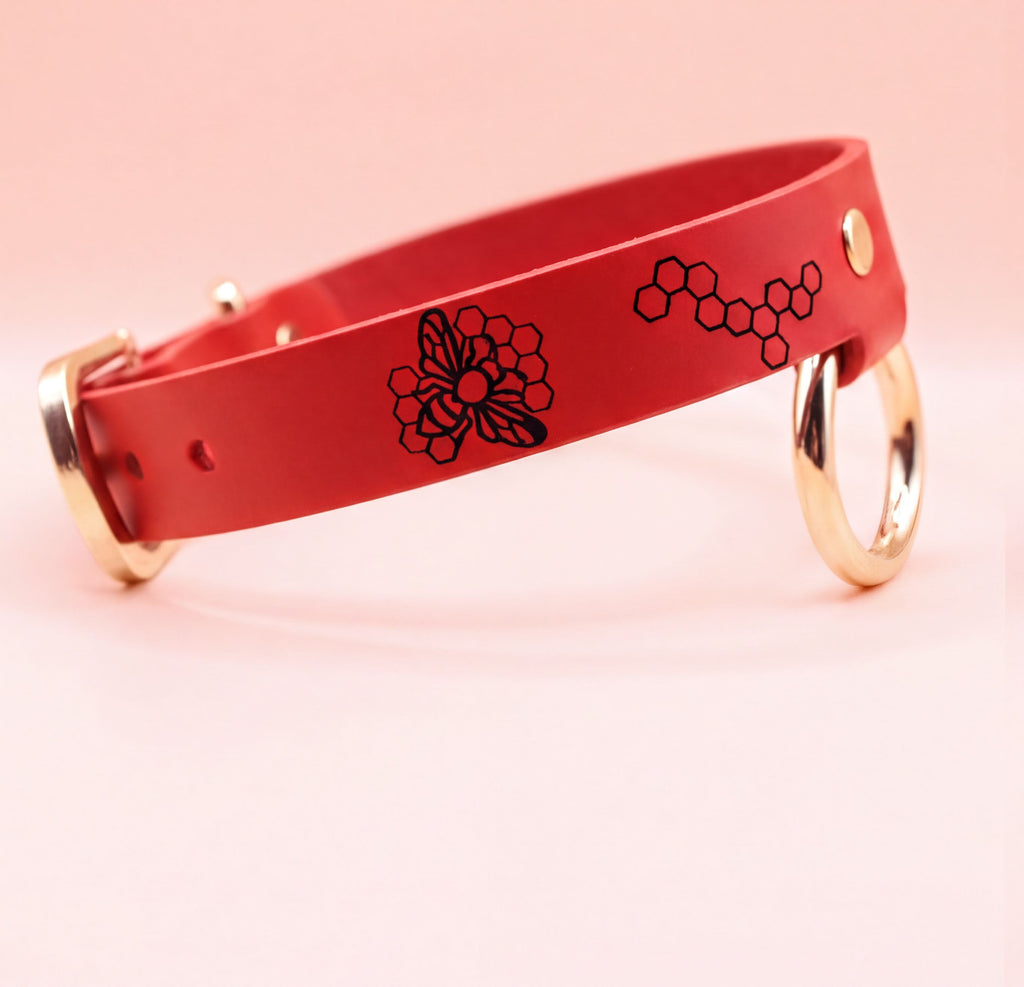 A red leather collar with a floral design and two gold-colored rings on the sides.