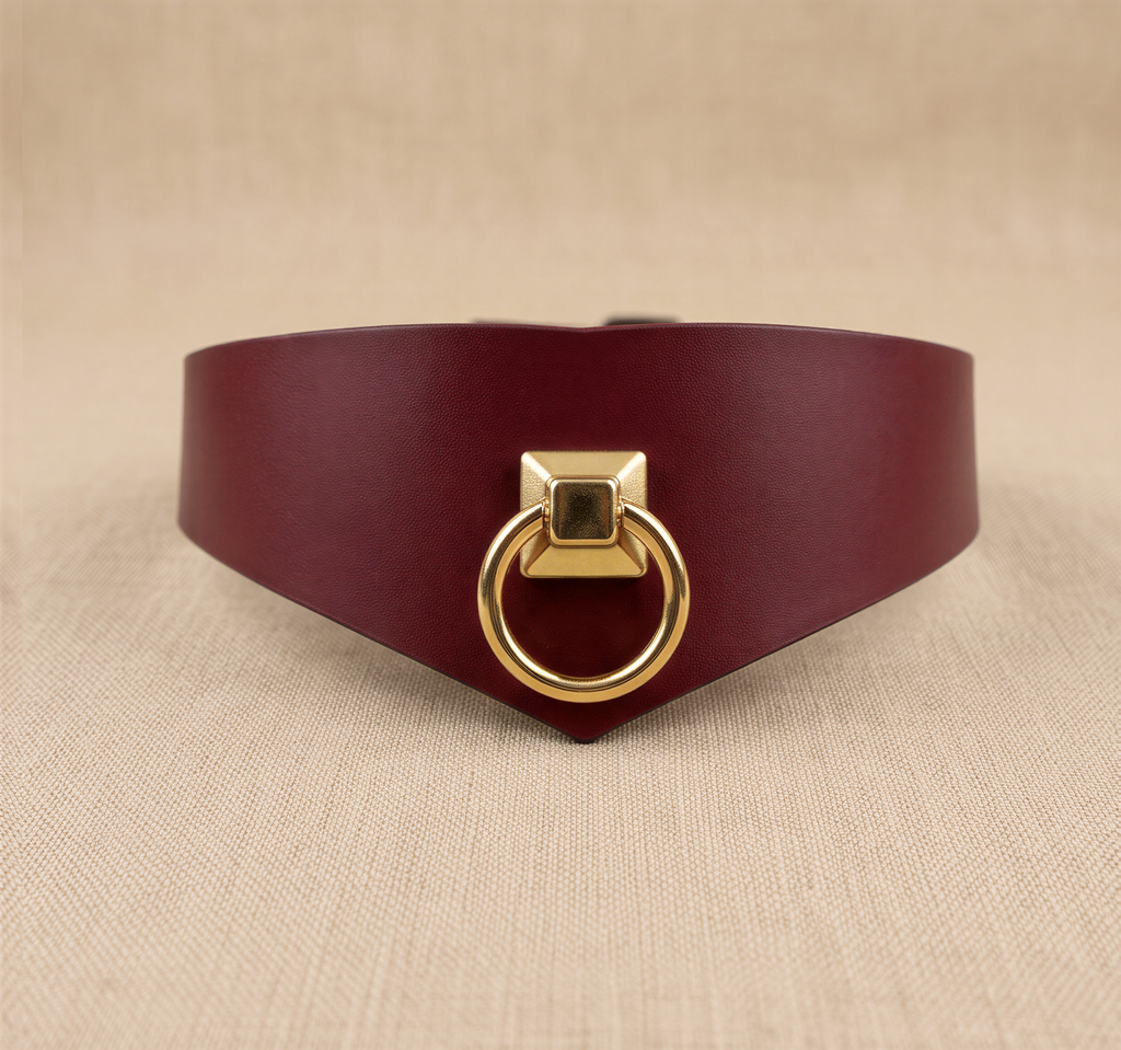 A burgundy leather choker necklace with a gold-colored metal ring on the front.