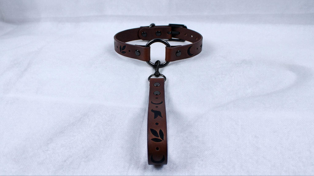 A brown leather collar with a metal clasp and a dangling leather strap with a leaf design.