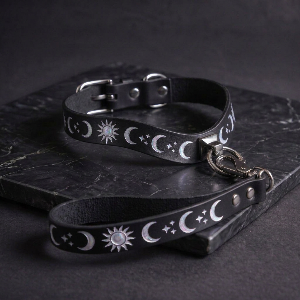 A black leather collar with moon and star designs, and a matching black leather leash with moon and star designs, both resting on a dark surface.