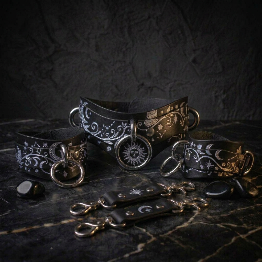 a collection of black leather accessories with intricate designs, including rings, charms, and straps, arranged on a dark surface.