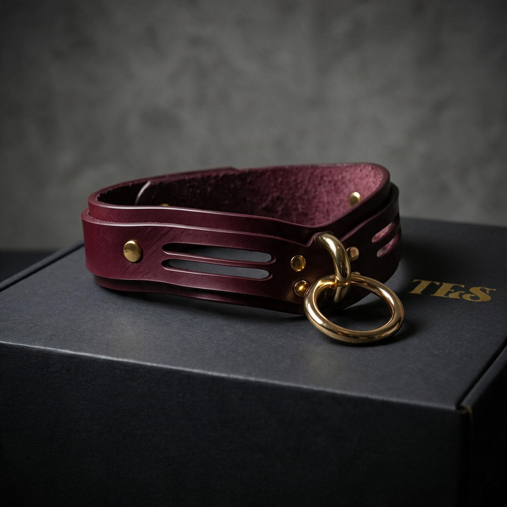 A burgundy leather choker necklace with a gold-colored metal ring and a gold-colored metal buckle is displayed on a black box.
