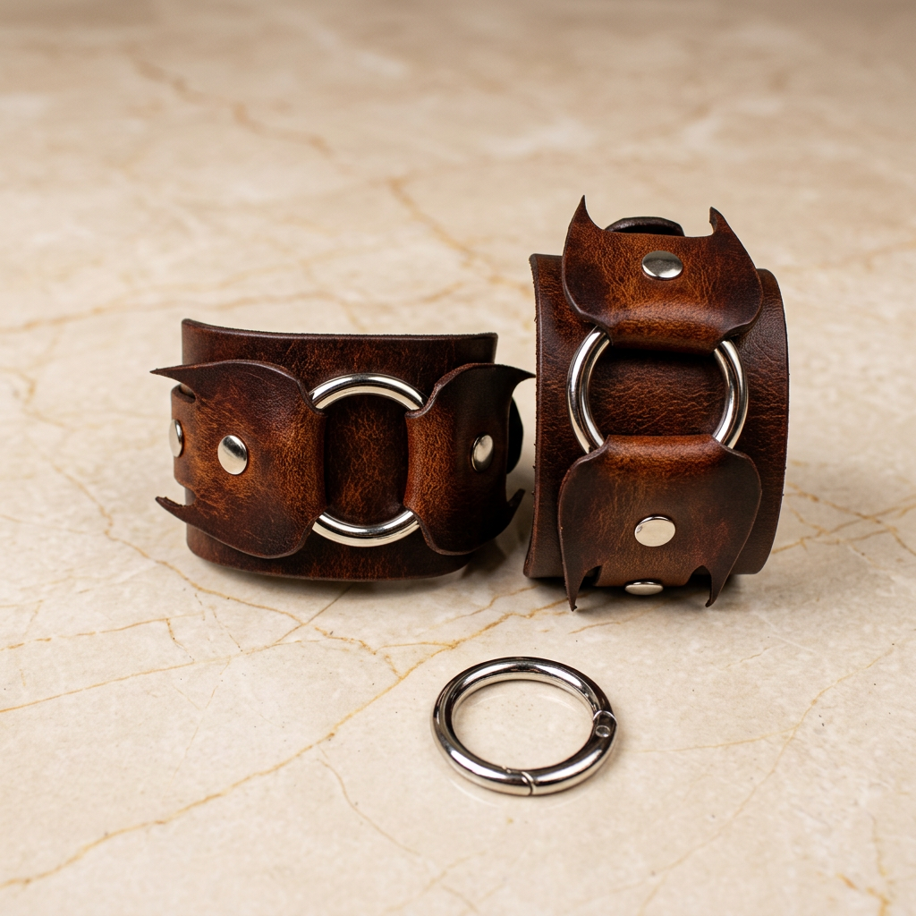 A pair of brown leather cuffs with metal rings and a silver ring attachment, placed on a beige marble surface.