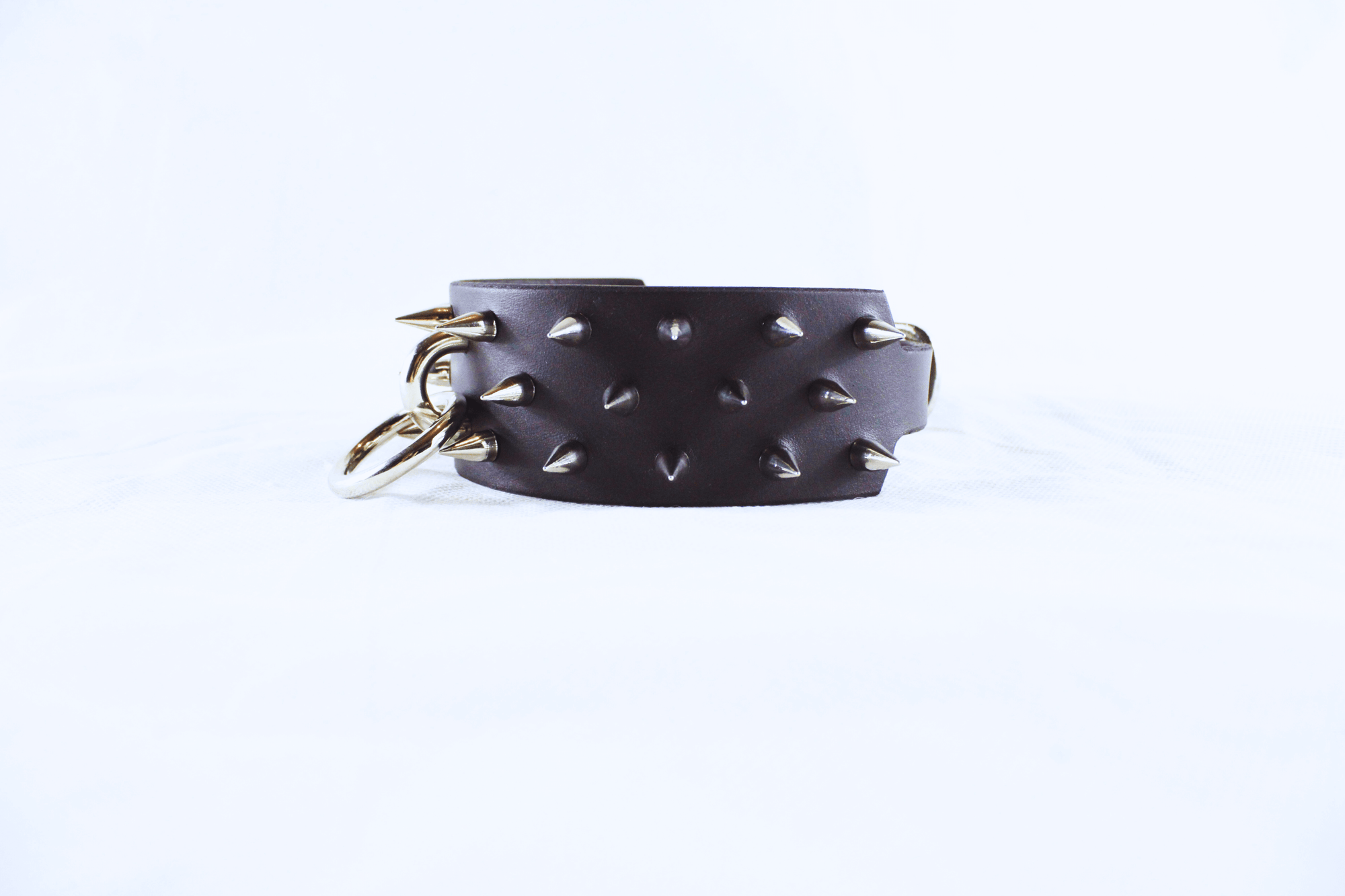 Dominion Leather Collar featuring polished spikes and a golden O-ring, showcasing gothic elegance and bold design.