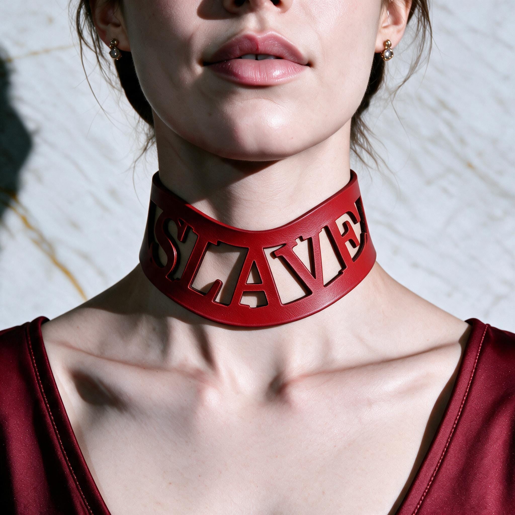 A close-up of a woman wearing a red choker necklace with the word "SLAVE" cut out in the shape of the word.
