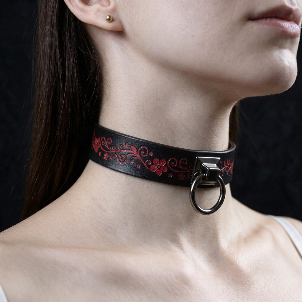 A close-up of a woman's neck and chest area wearing a black choker necklace with red floral designs.