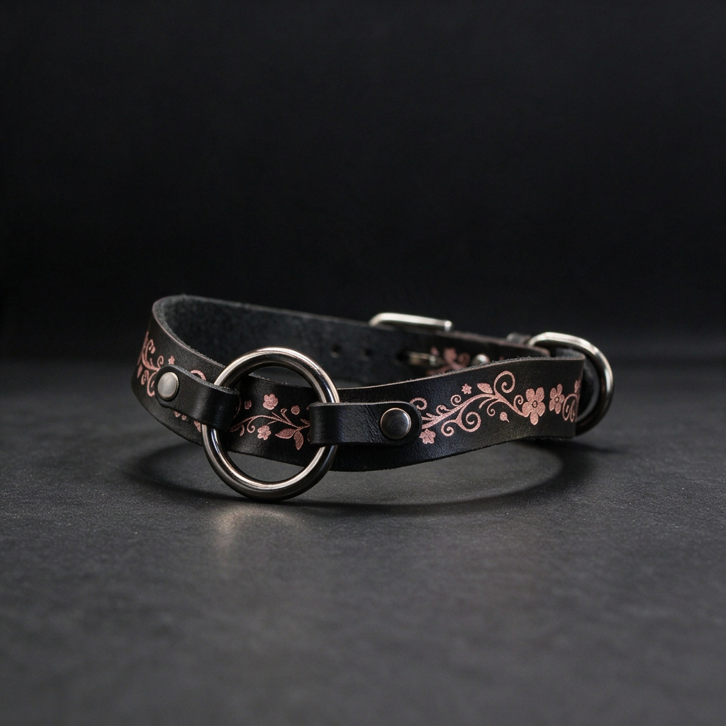 A black leather collar with a floral design and metal rings on the ends.