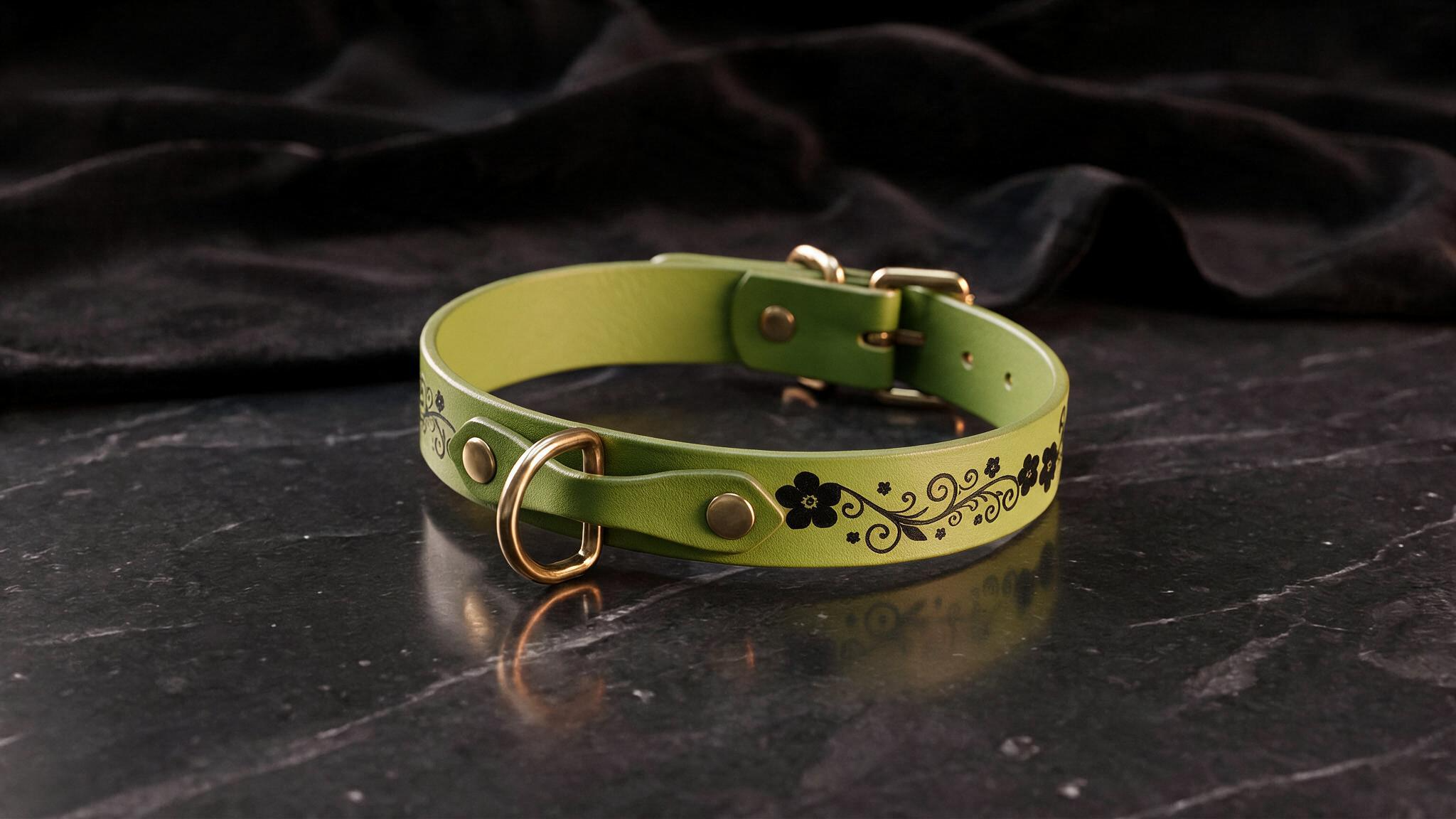 A green leather dog collar with a floral design on it, placed on a dark surface.