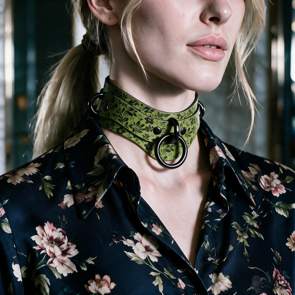 A close-up of a woman wearing a green choker necklace with a floral pattern, paired with a dark blue floral blouse.
