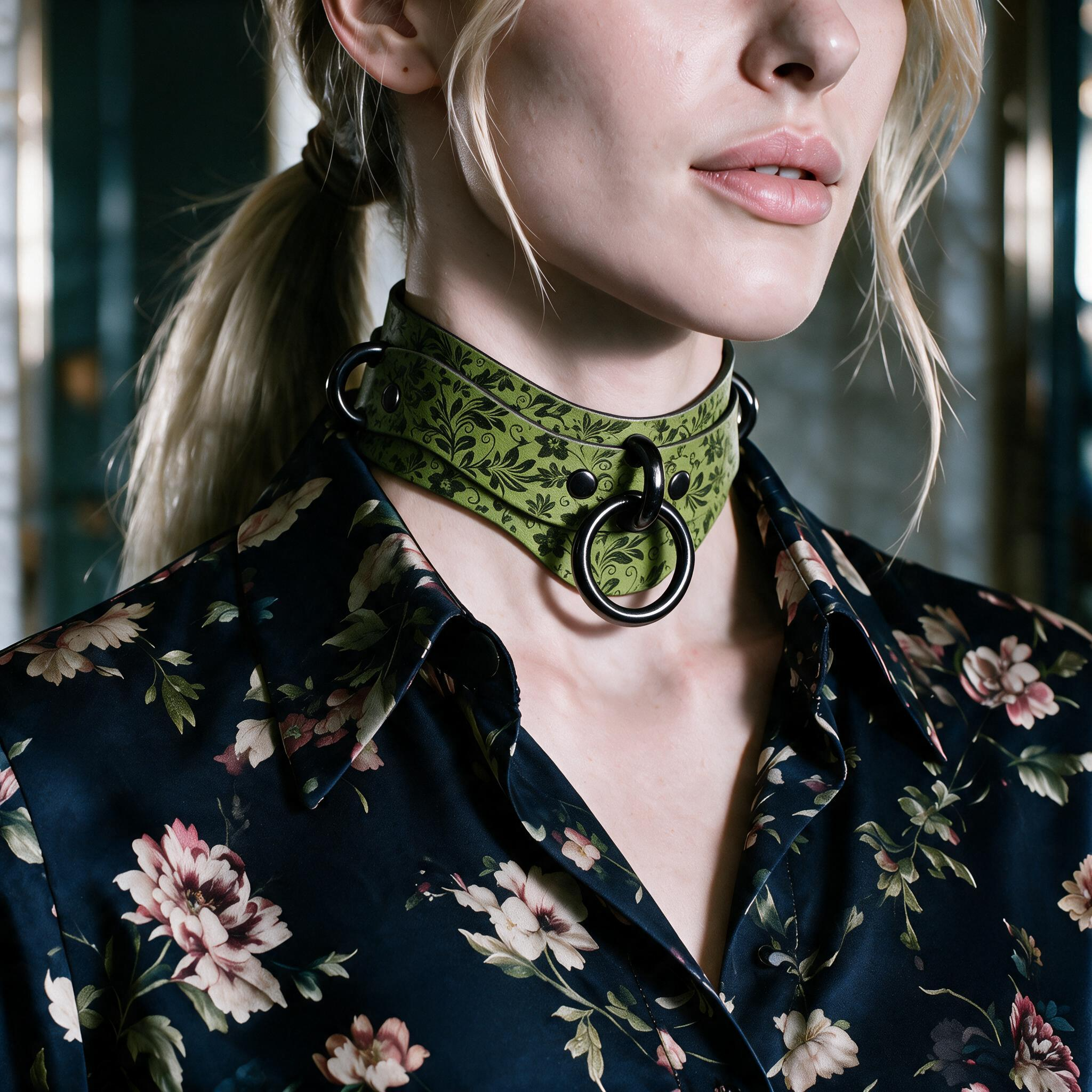 A close-up of a woman wearing a green choker necklace with a floral pattern, paired with a dark blue floral blouse.