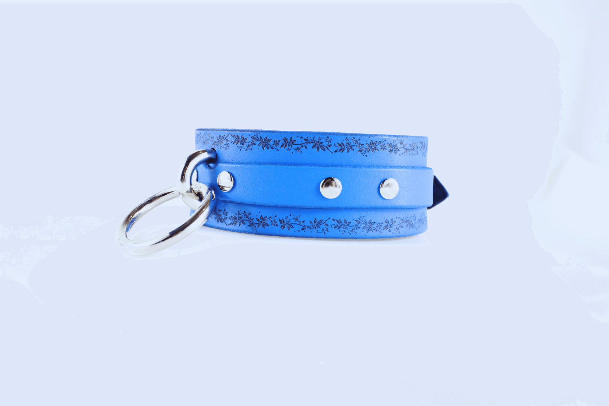 Floral Vine Leather Choker, blue leather choker with floral design and O-ring, stylish and discreet sub collar accessory.