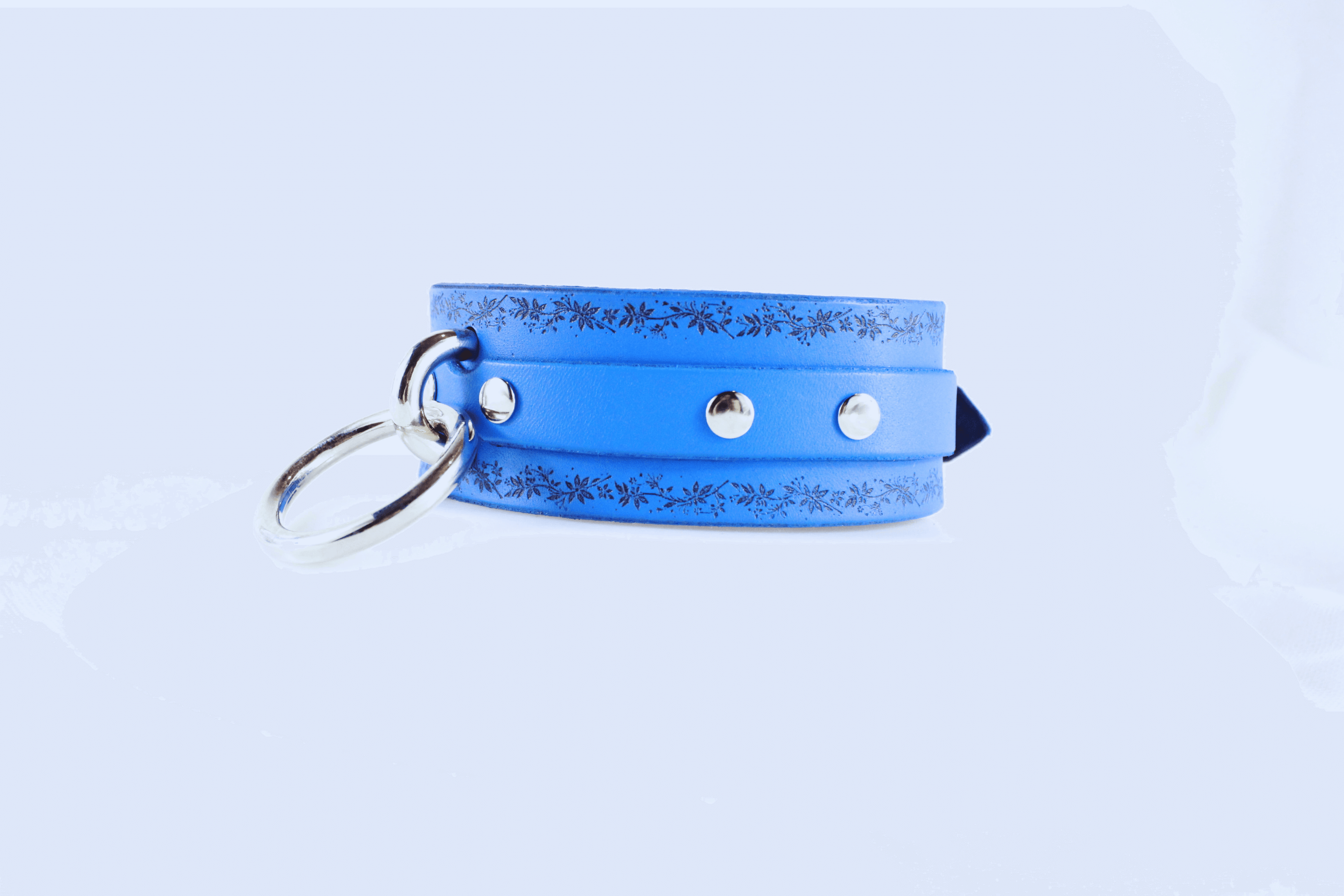 Floral Vine Leather Choker, blue leather choker with floral design and O-ring, stylish and discreet sub collar accessory.