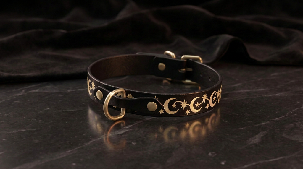 A black leather collar with gold star and crescent designs on a dark background.