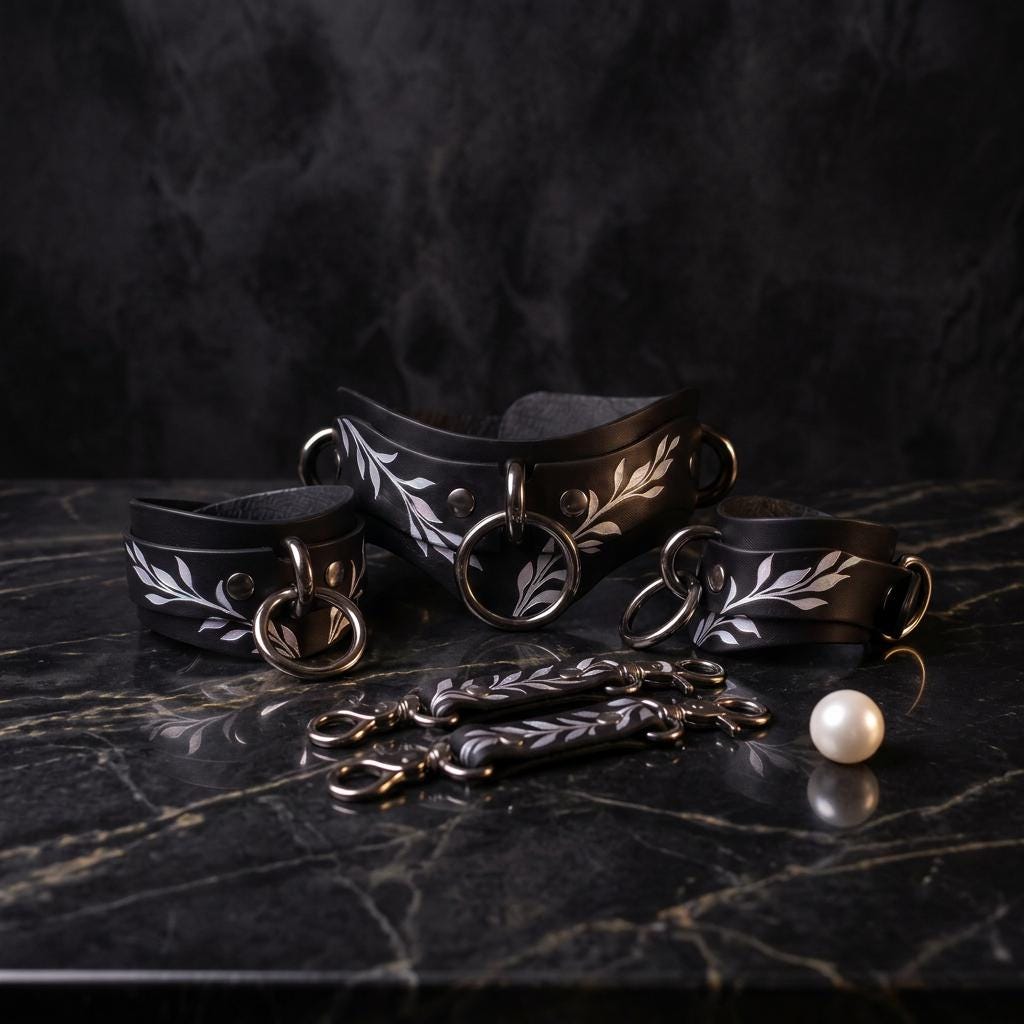 a collection of black leather accessories, including a choker, a corset, and a corset with a pearl, all adorned with white leaf designs.