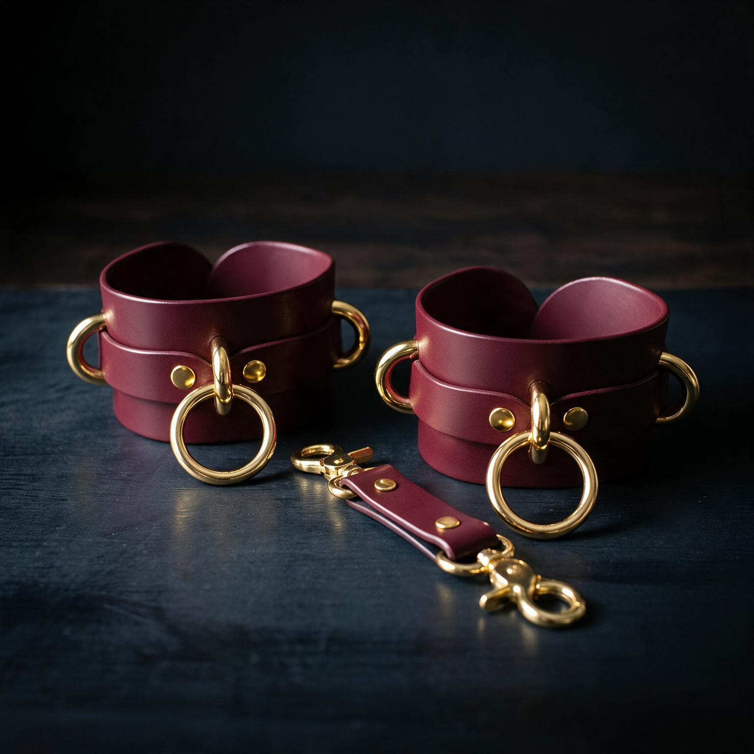 a pair of burgundy leather cuffs with gold-colored metal rings and buckles, arranged on a dark surface.
