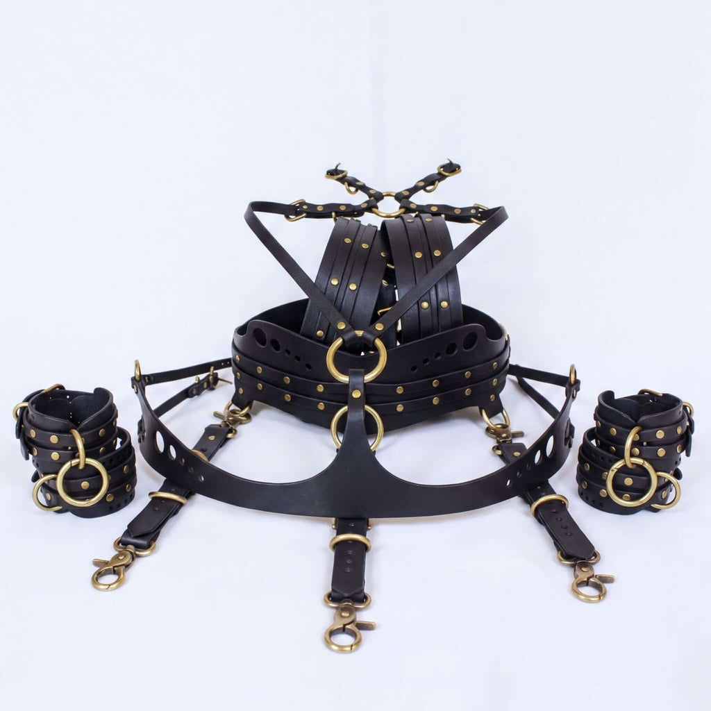 A collection of black leather straps and buckles with gold-colored studs, arranged in a way that suggests they are part of a harness or other protective gear.