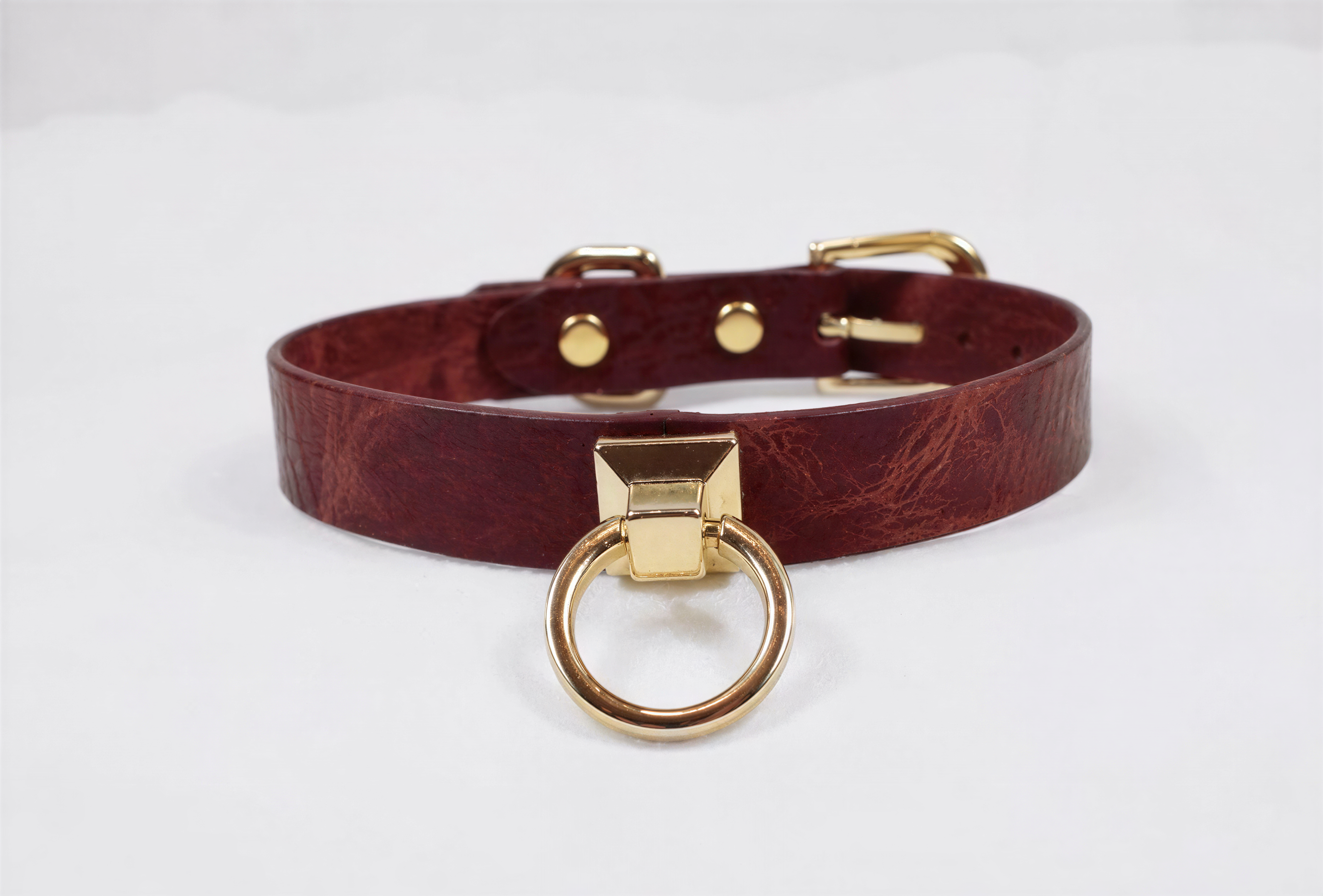 A burgundy leather choker collar with a gold-colored metal ring and buckle.
