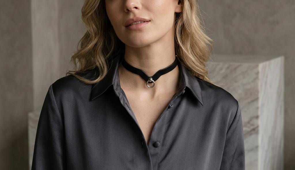 A woman wearing a black choker necklace with a silver ring on it, posing in front of a gray wall.