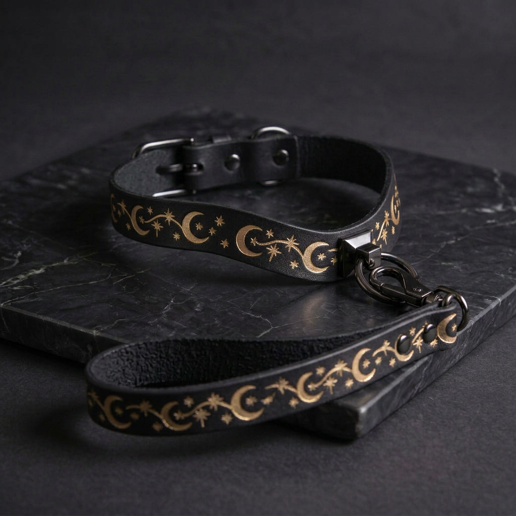 A black leather collar with gold star and crescent designs, and a black leash with gold star and crescent designs, both resting on a dark surface.