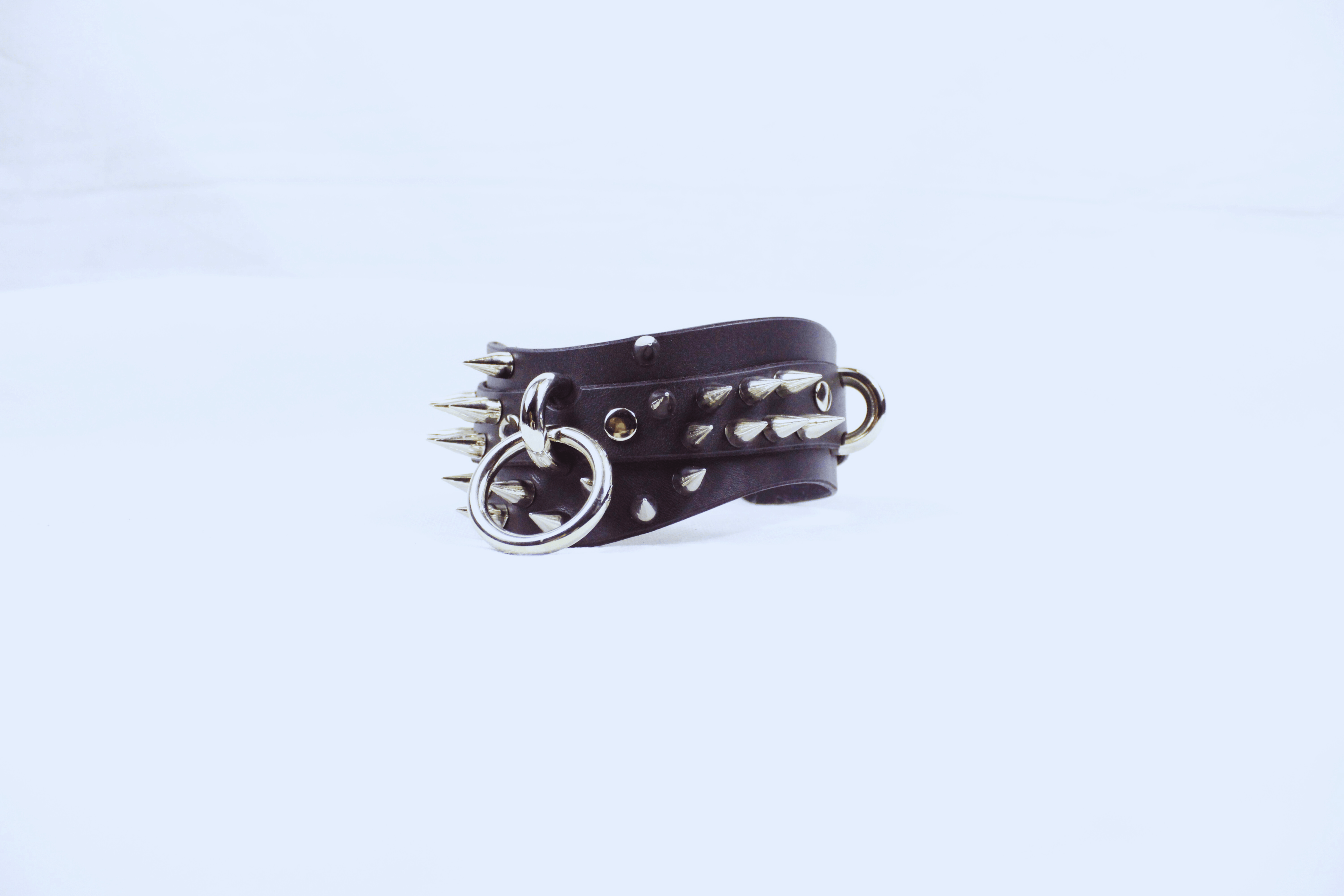 Spiked Posture BDSM Collar – Gothic Submissive Choker with O-Rings, featuring spikes and metal hardware.