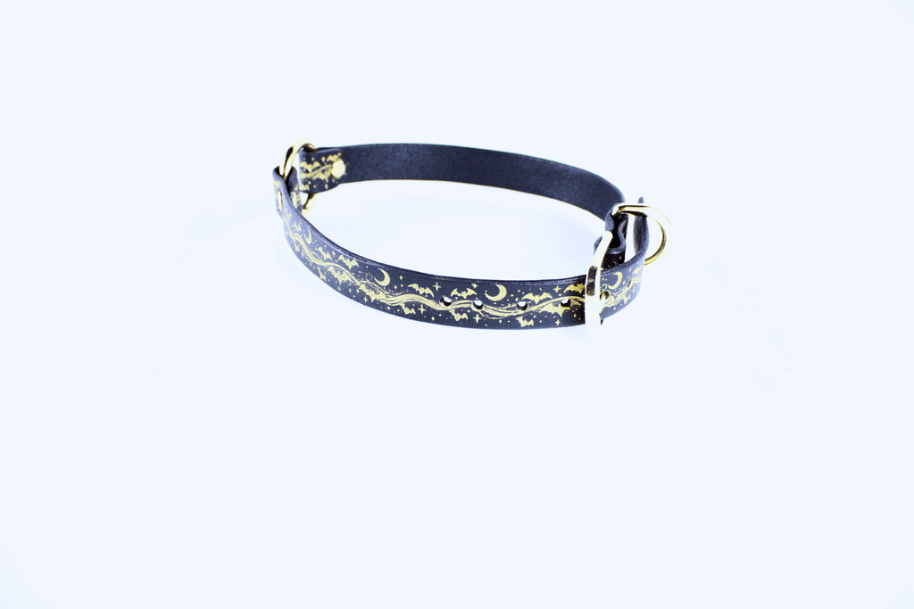 Bats BDSM Collar – Celestial Leather Choker featuring a golden motif of bats, moons, and stars.