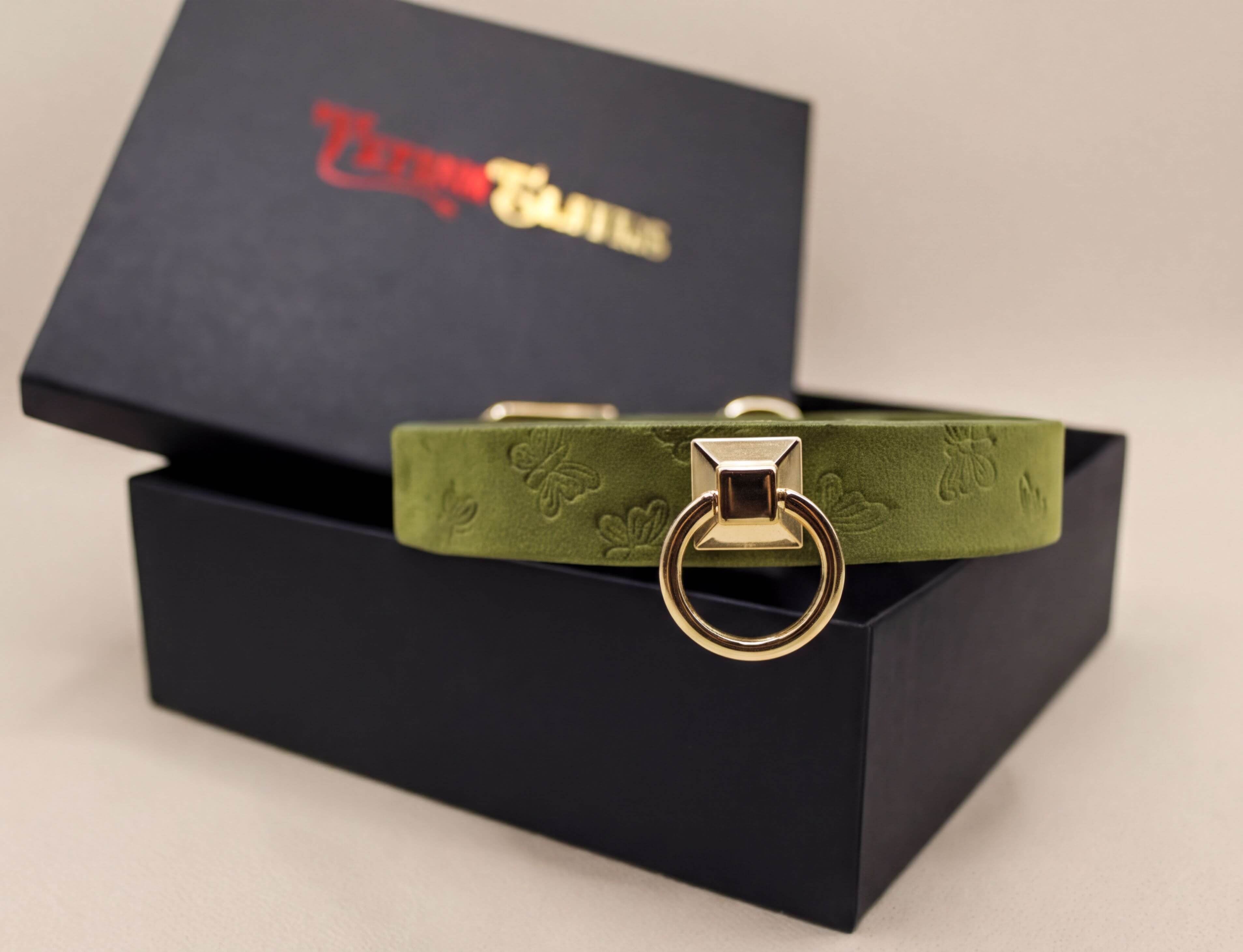 A green leather collar with a gold-colored metal ring is displayed on top of a black box with a red and gold logo.