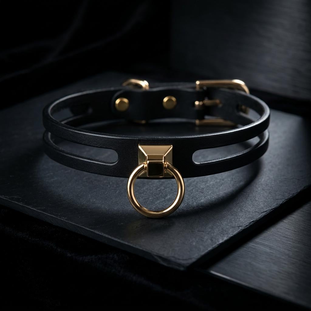 A black leather choker necklace with a gold-colored metal ring and buckle.