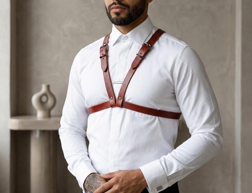A man wearing a white dress shirt and a leather harness stands in a room with a vase on a table in the background.