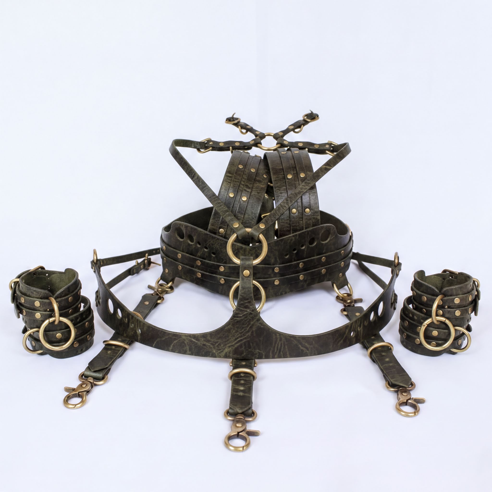 A leather harness with multiple straps and buckles, likely used for BDSM or role-playing purposes.