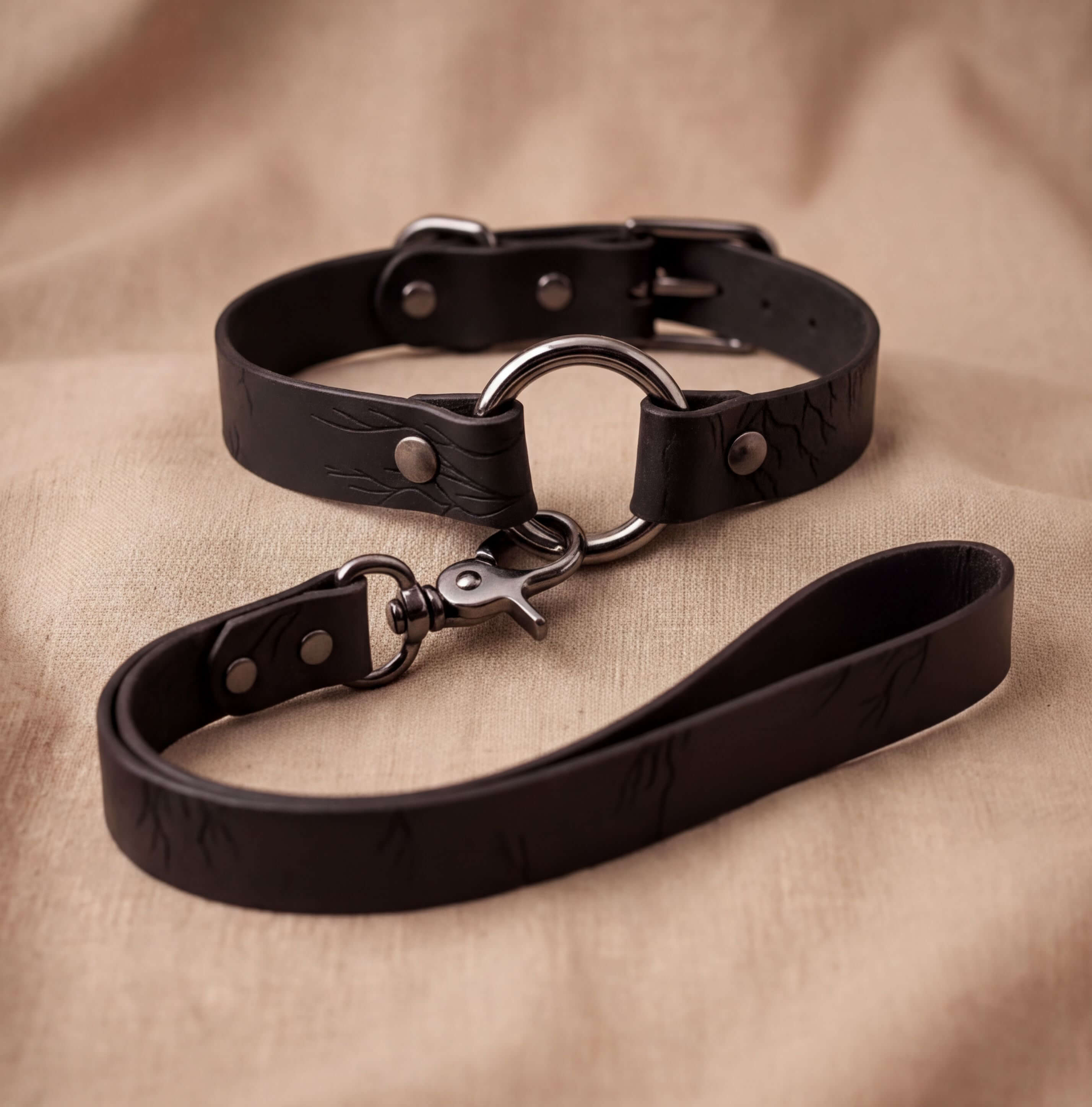 A black leather collar and leash with a metal buckle and loop are displayed on a beige fabric background.