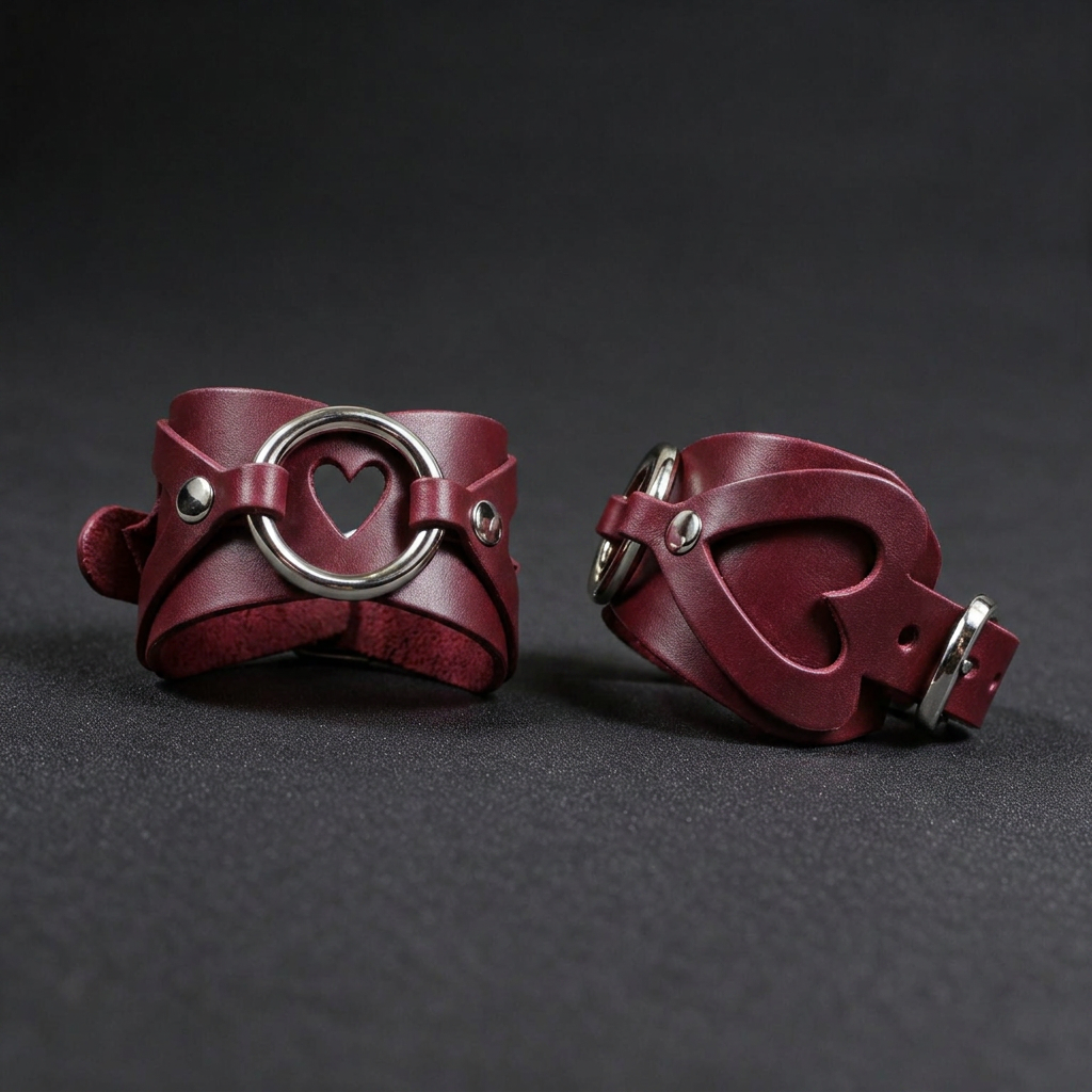 Two burgundy leather cuffs with heart-shaped cutouts are displayed against a dark background.