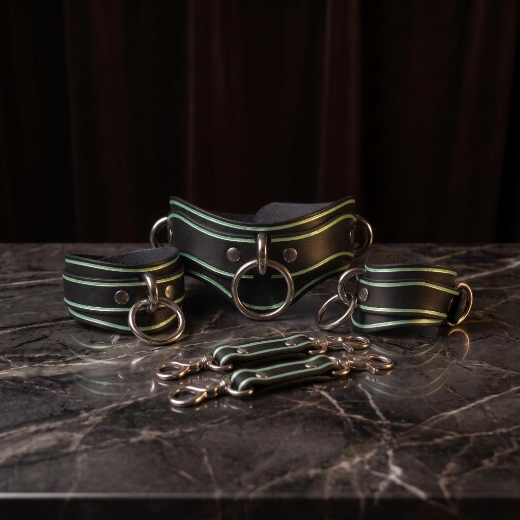 a set of leather straps with metal rings and buckles, arranged on a marble surface.