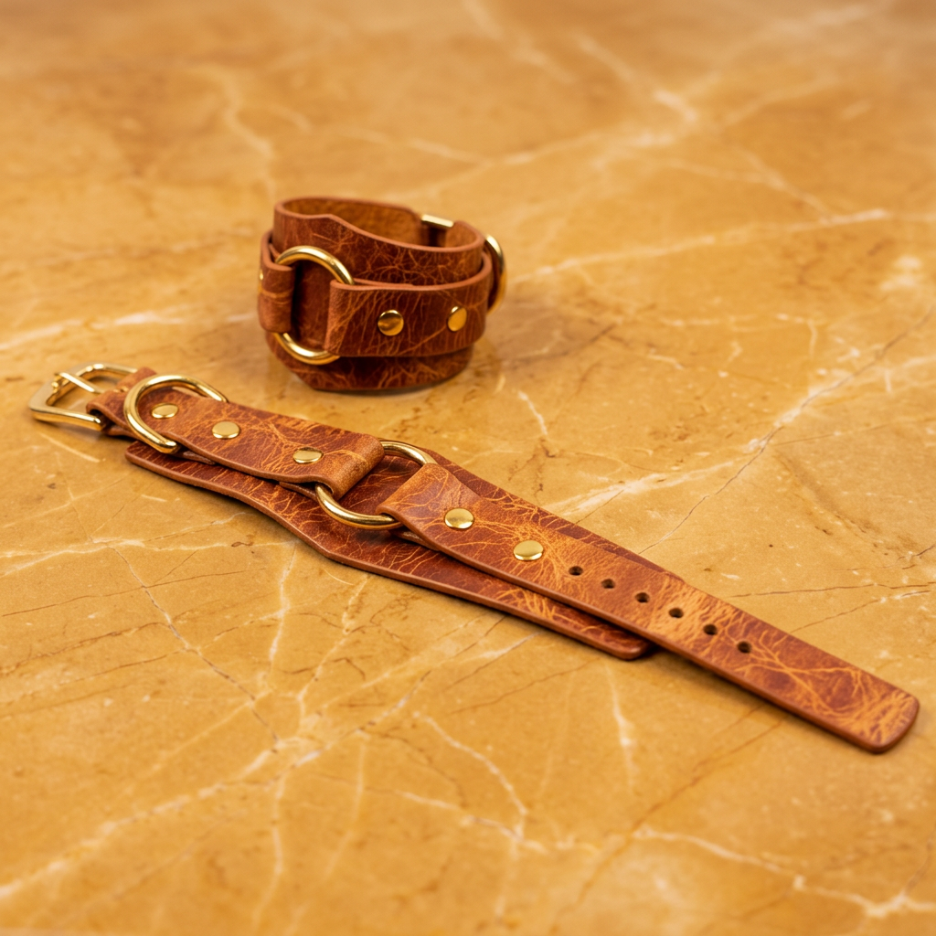 a brown leather strap with gold hardware, including two large buckles, resting on a marble surface.