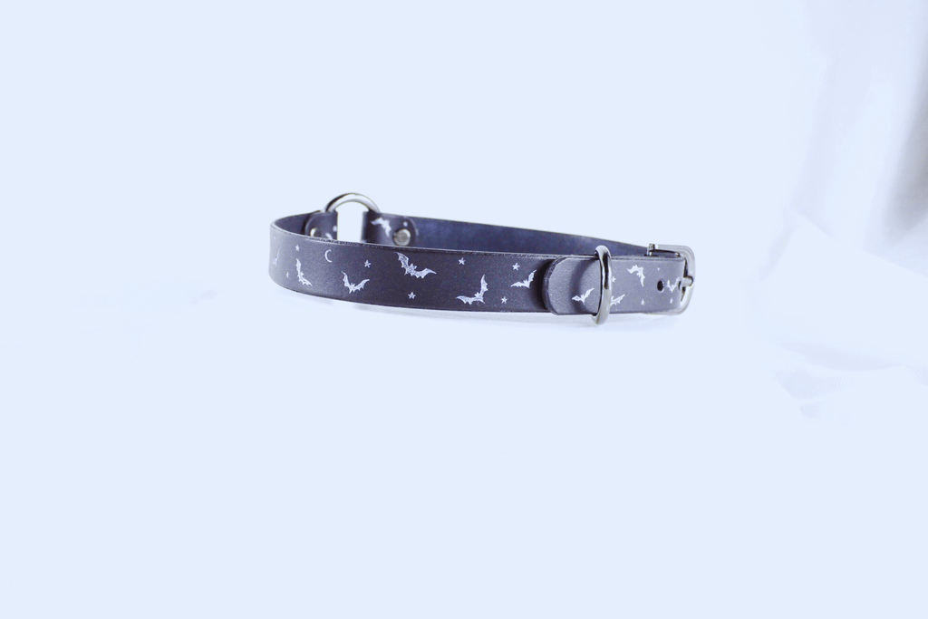 Bat and Moon Leather Choker featuring bats and crescent moons on supple leather.