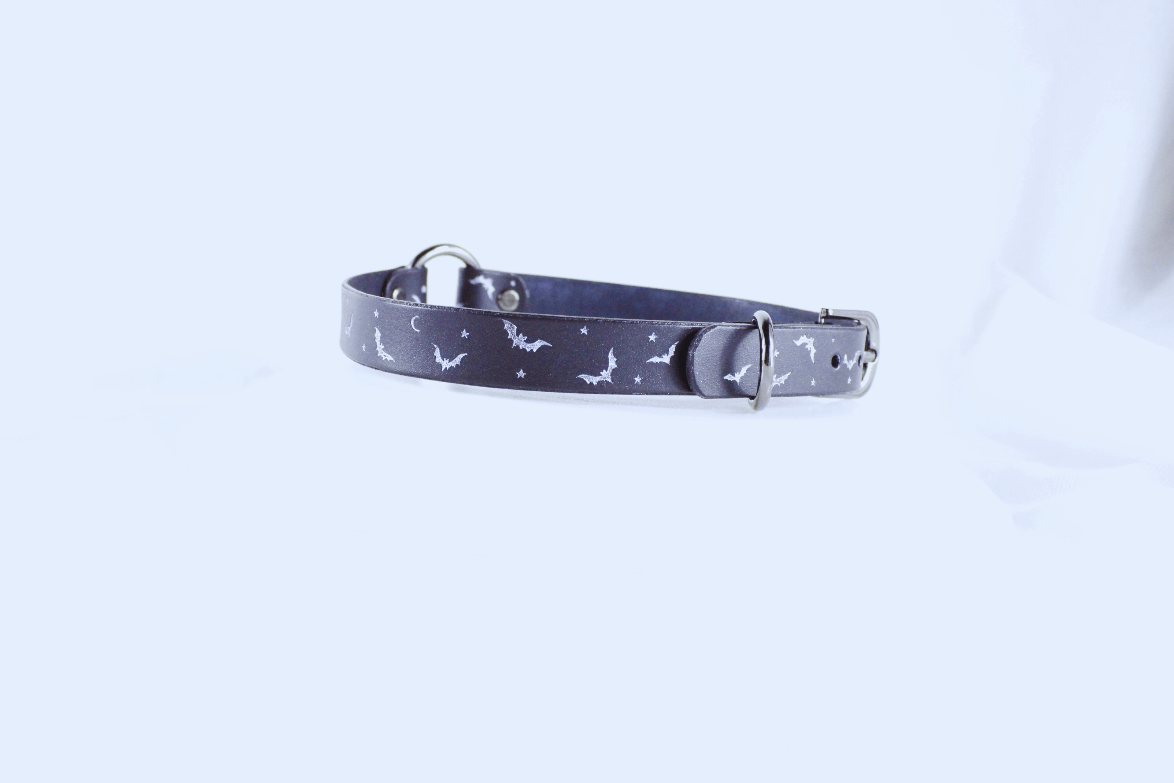 Bat and Moon Leather Choker featuring bats and crescent moons on supple leather.