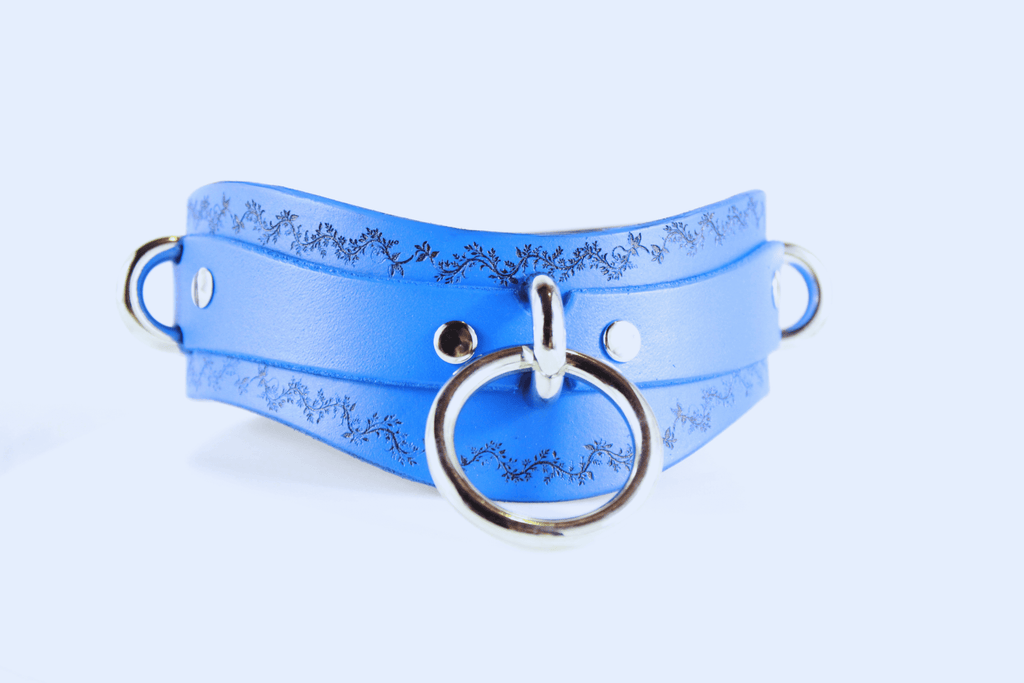 Floral Vine Posture Collar Discreet Leather Choker with O-Ring in blue featuring floral vine motif design.