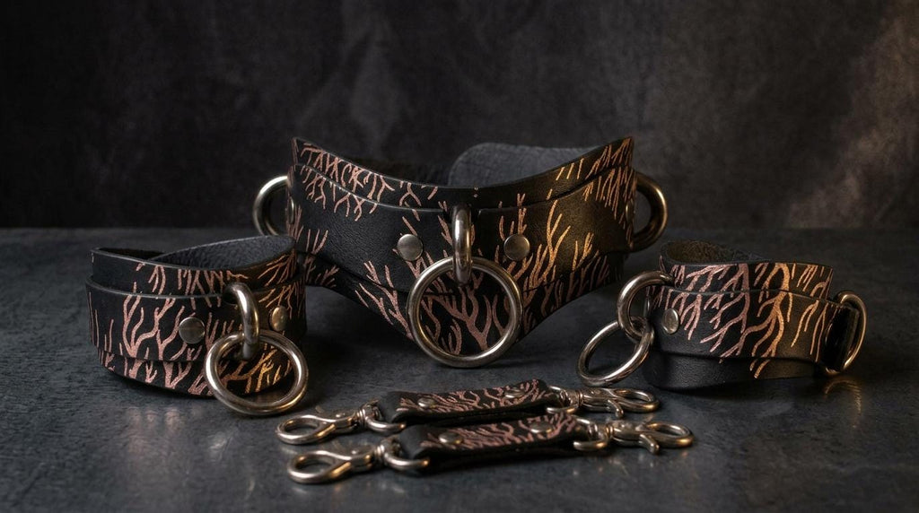 a collection of leather accessories, including a corset, leather straps, and metal rings, arranged on a dark surface.