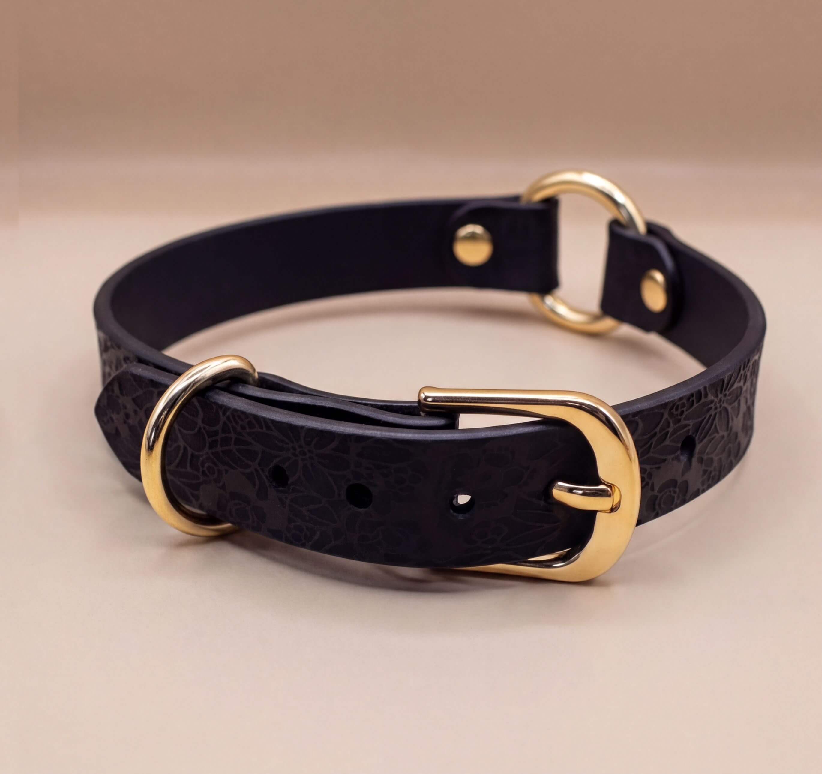 A black leather collar with a gold buckle and two metal rings.