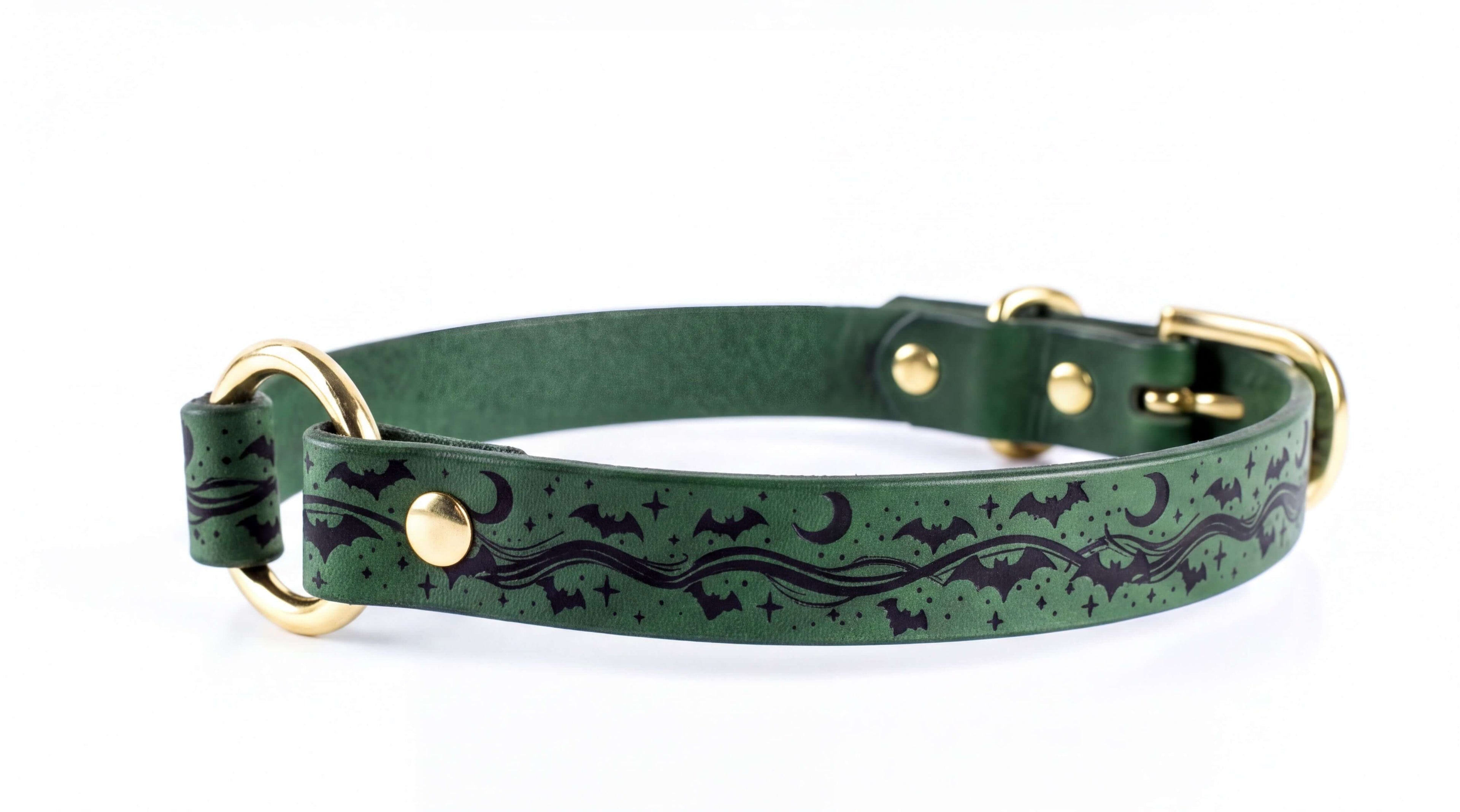 A green leather dog collar with a bat and star design printed on it.