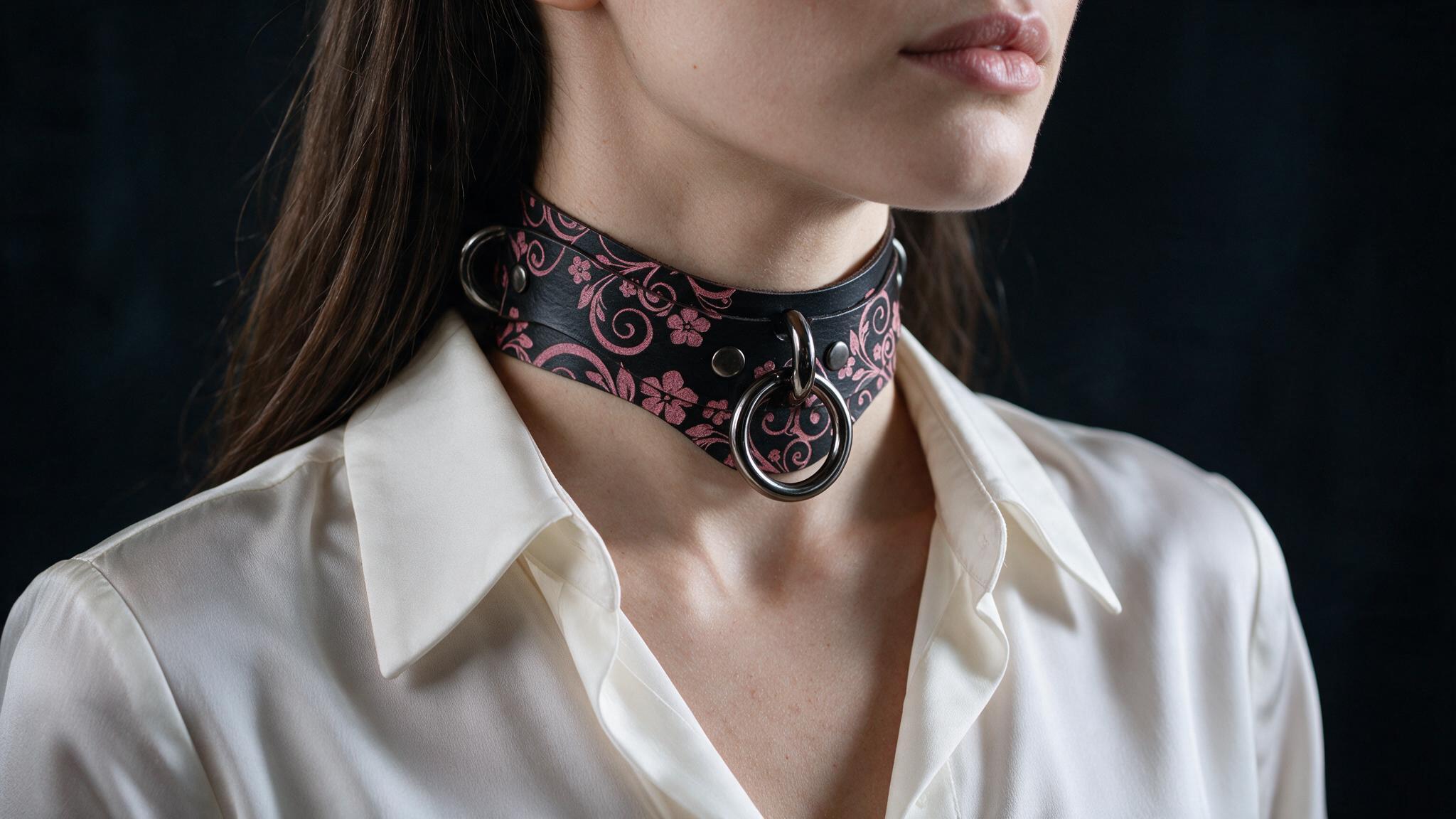 A close-up of a woman wearing a black and pink floral choker necklace with a metal ring.