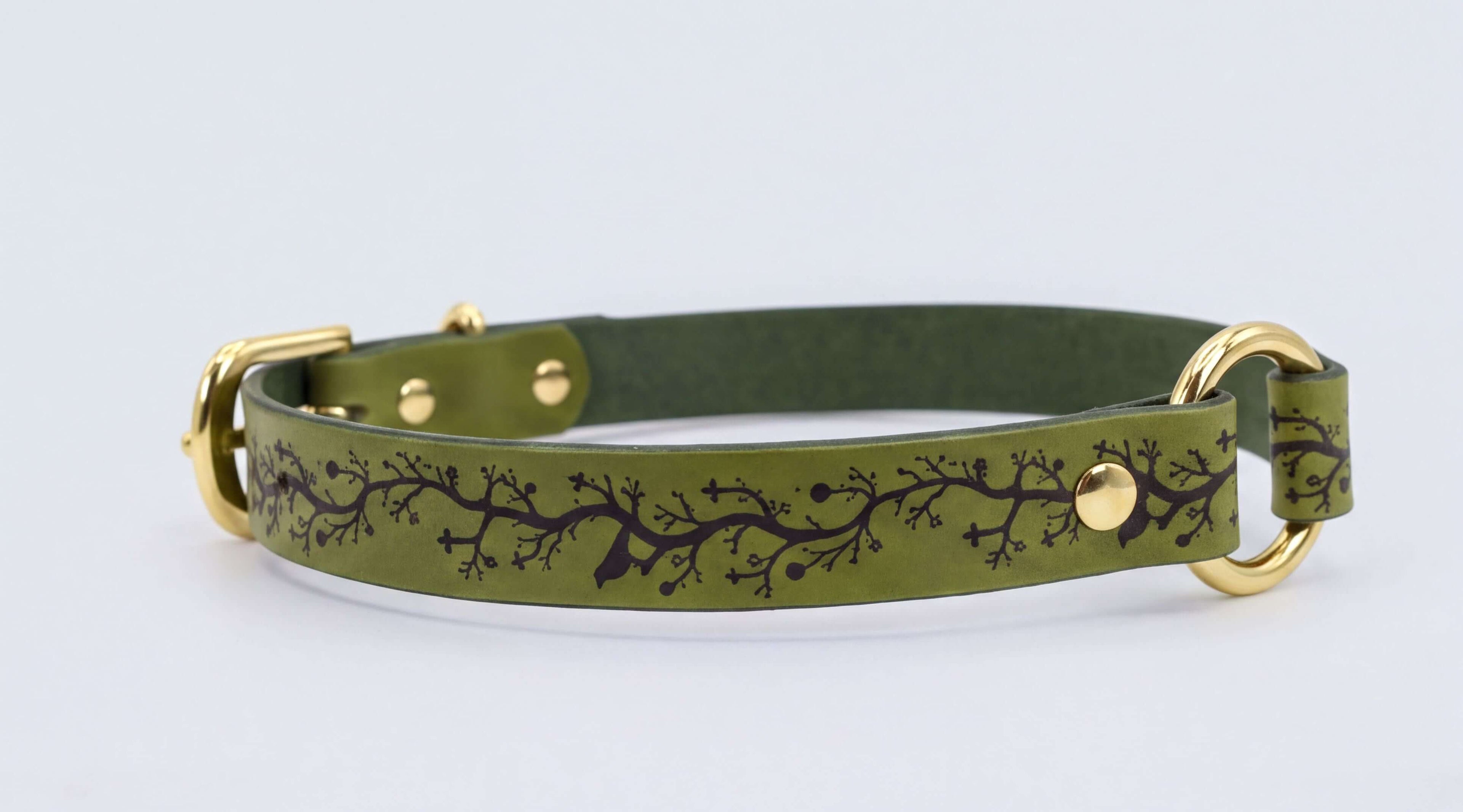 A green leather dog collar with a decorative branch pattern and two gold-colored buckles.