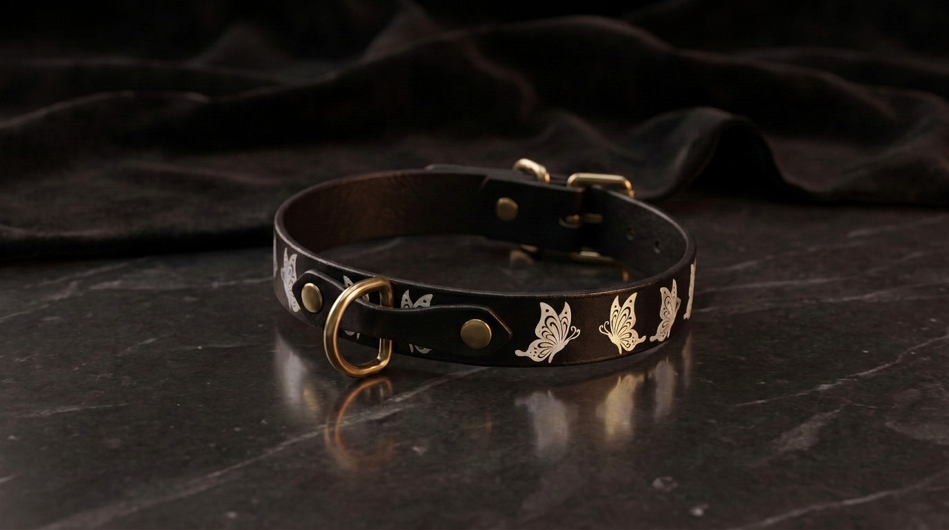 A black leather dog collar with a gold-colored buckle and a butterfly design, placed on a dark surface.