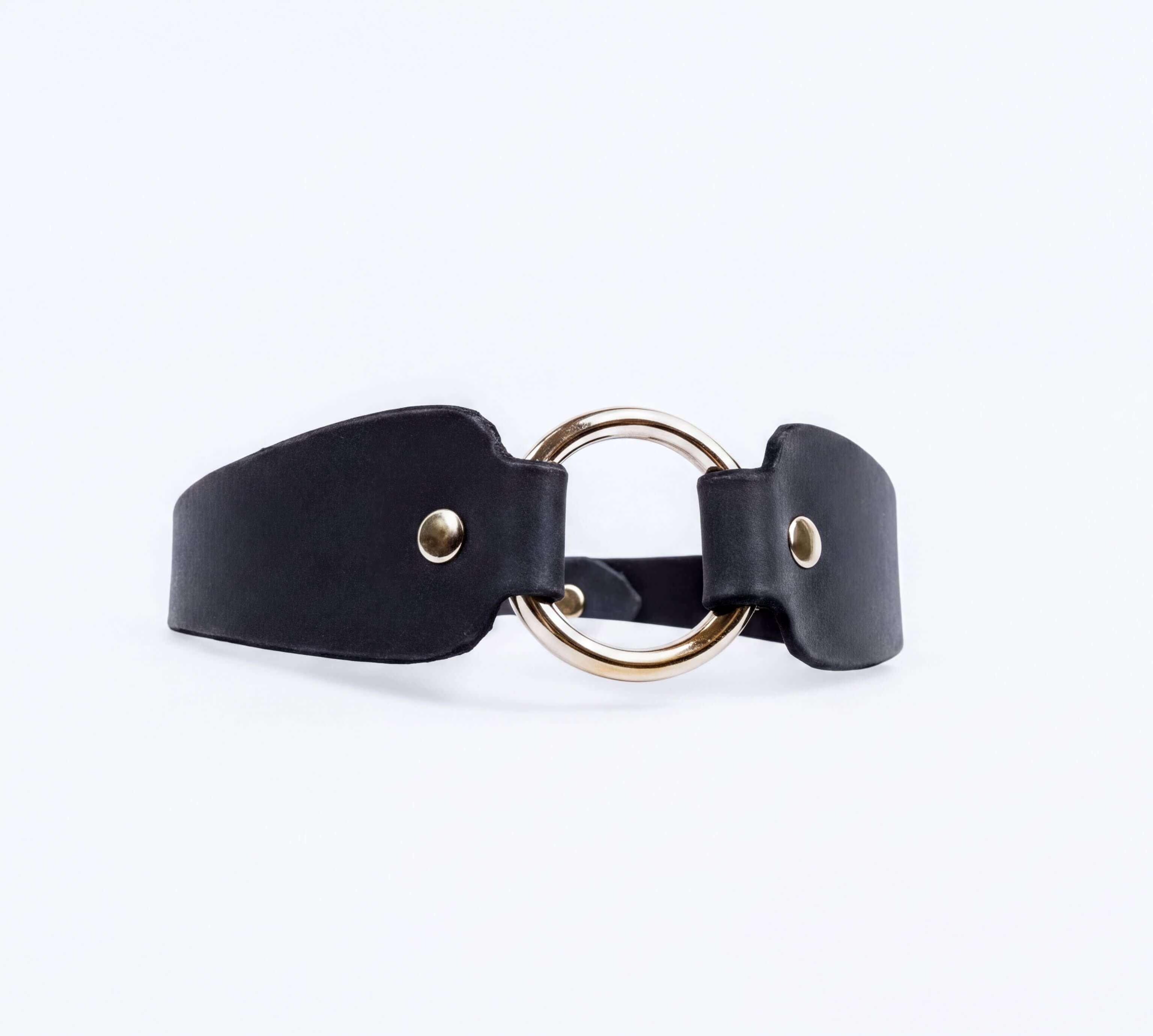 A black leather choker necklace with a gold-colored circular buckle.