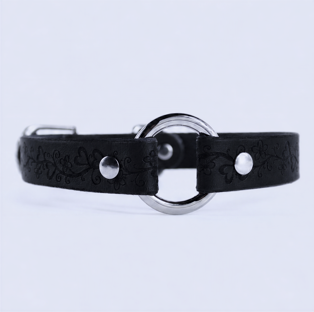 A black leather collar with a silver metal ring and two silver buttons.