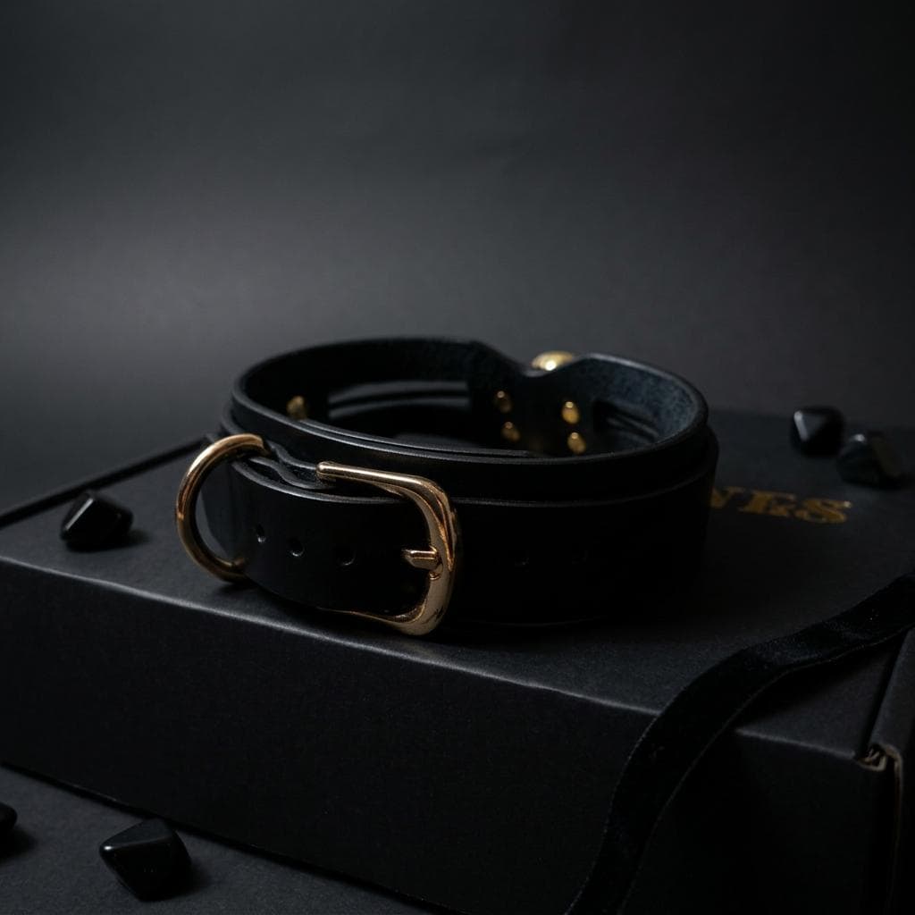 A black leather choker necklace with a gold buckle is displayed on a black box with a gold label.