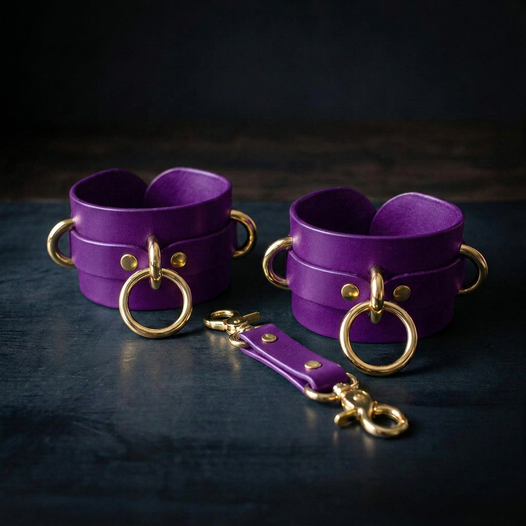a pair of purple leather chaps with gold-colored metal rings and a matching leather strap, arranged on a dark surface.